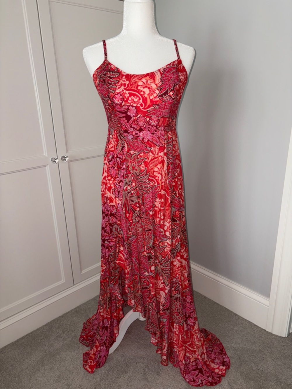 Free People Red and Pink Floral Maxi Slip Dress